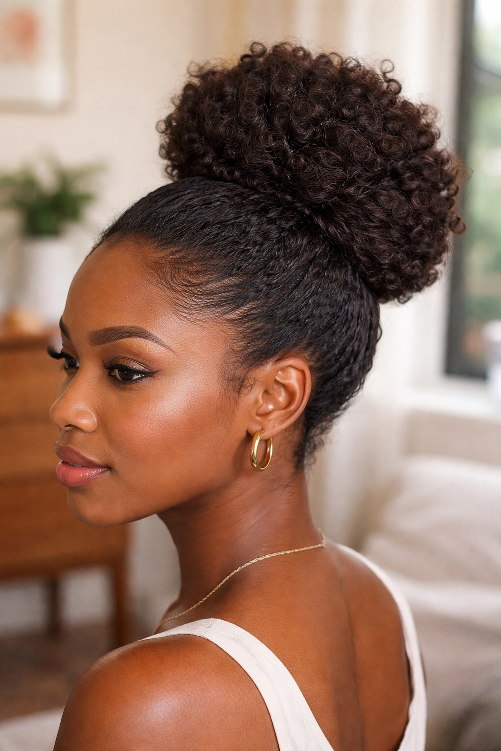 Portrait of a real woman with a textured faux bun created from a puff at the crown