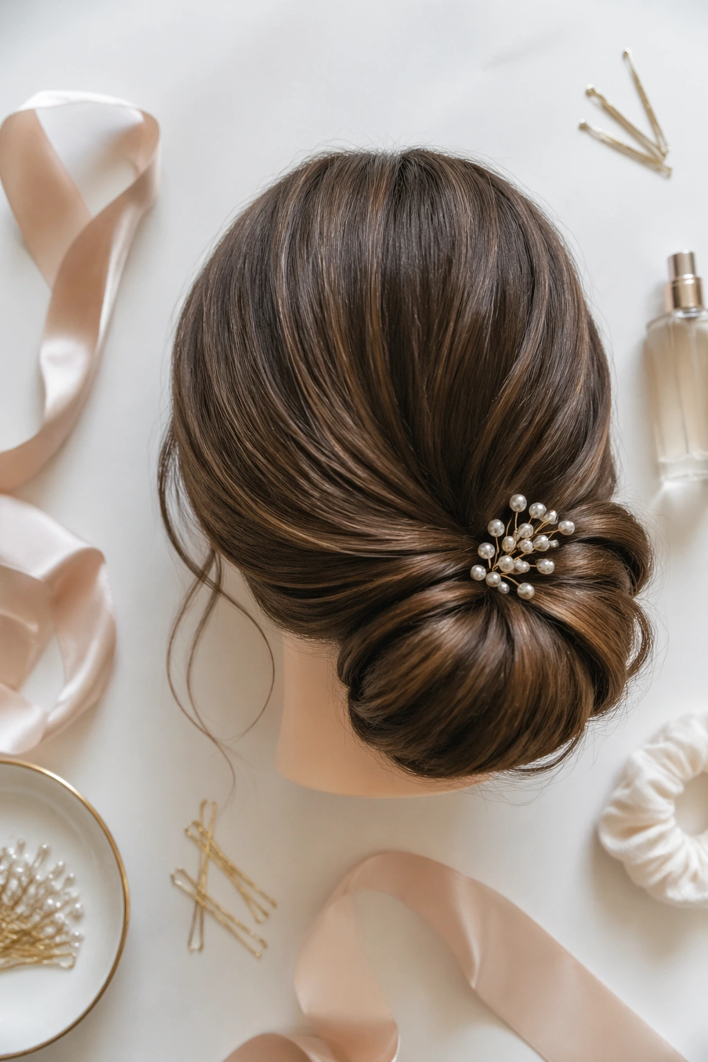 Overhead flat-lay of a side ponytail folded into a faux chignon with pins and ribbon.