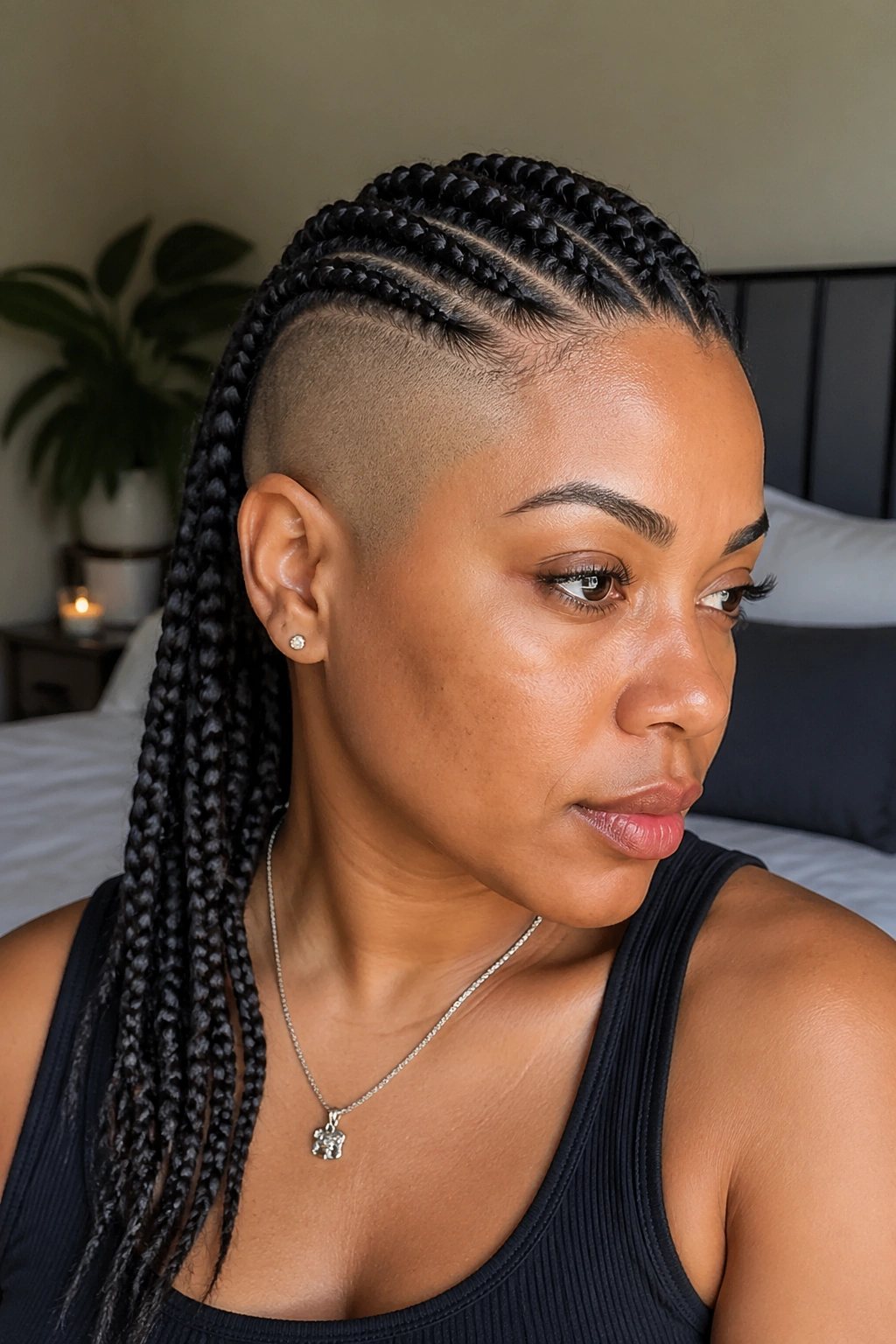 Close-up of a real person showing faux cornrows on the non-shaved side and a shaved side
