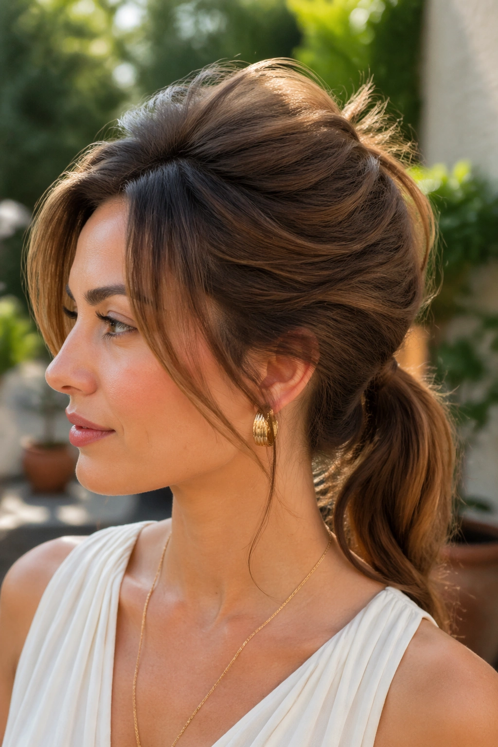 Close-up of a real woman with a faux French twist ponytail in garden light