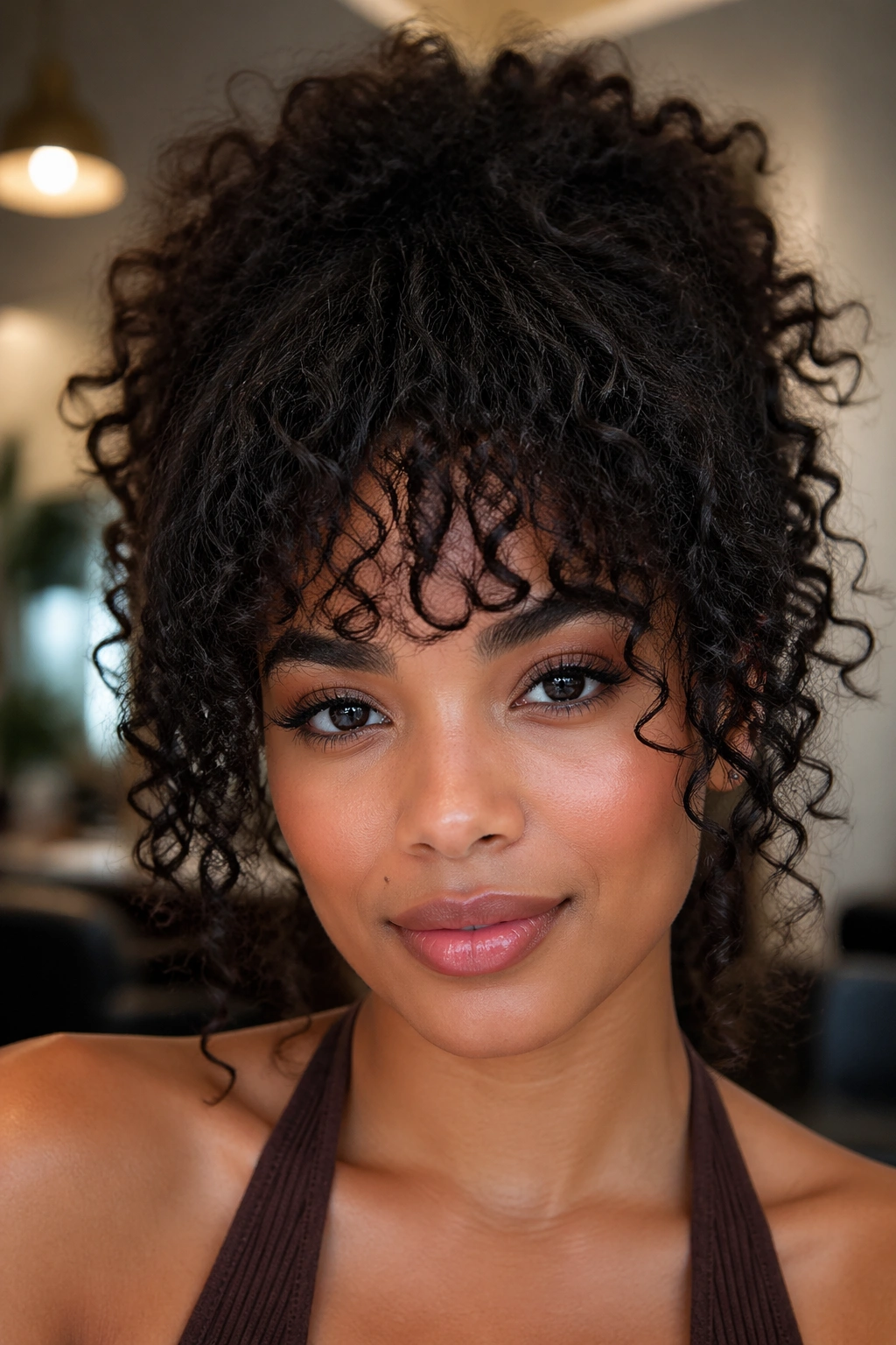 Real woman wearing clip-in faux fringe that matches natural curls