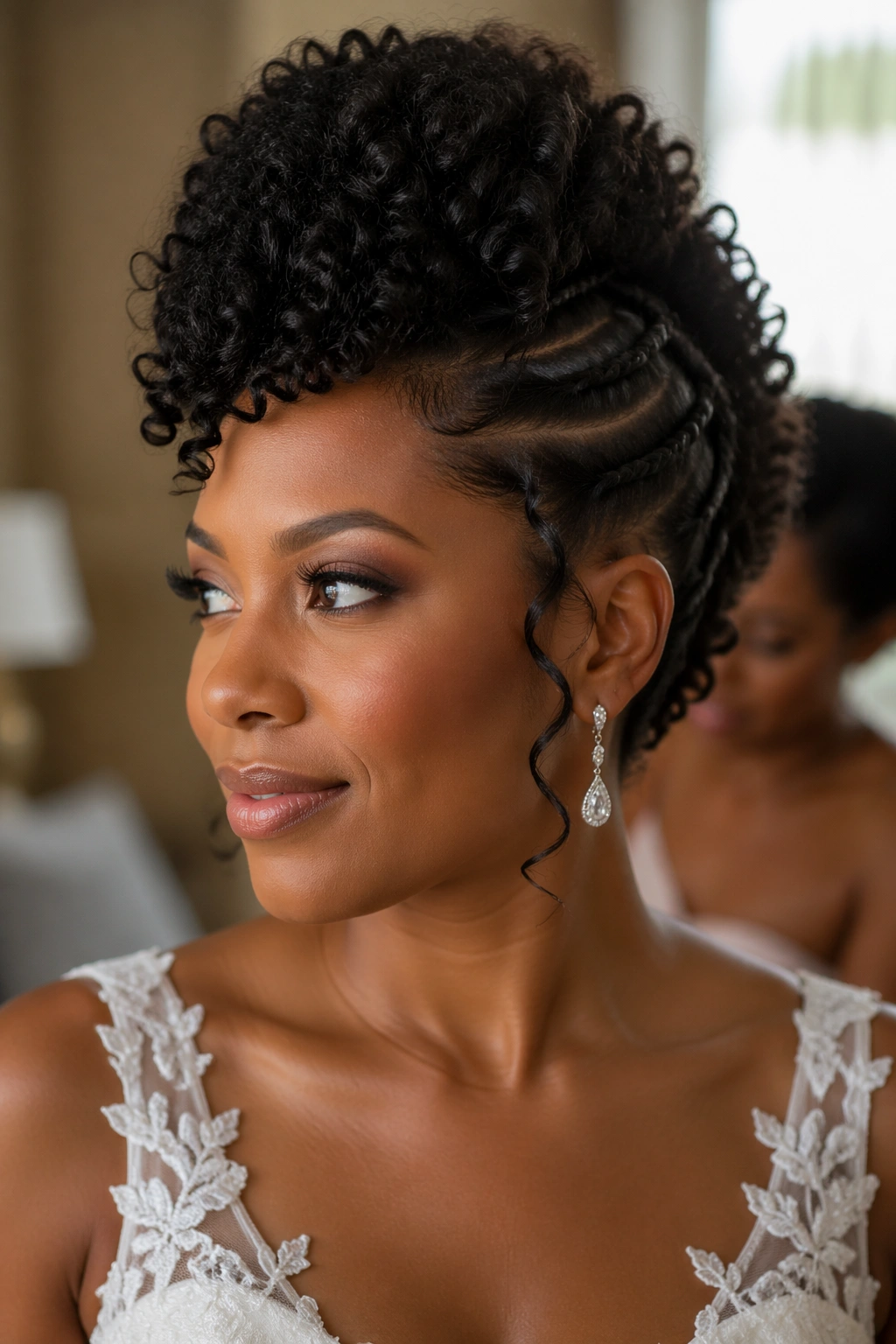 Close-up portrait of a real bride with a Faux Hawk With Pin-Swept Sides hairstyle