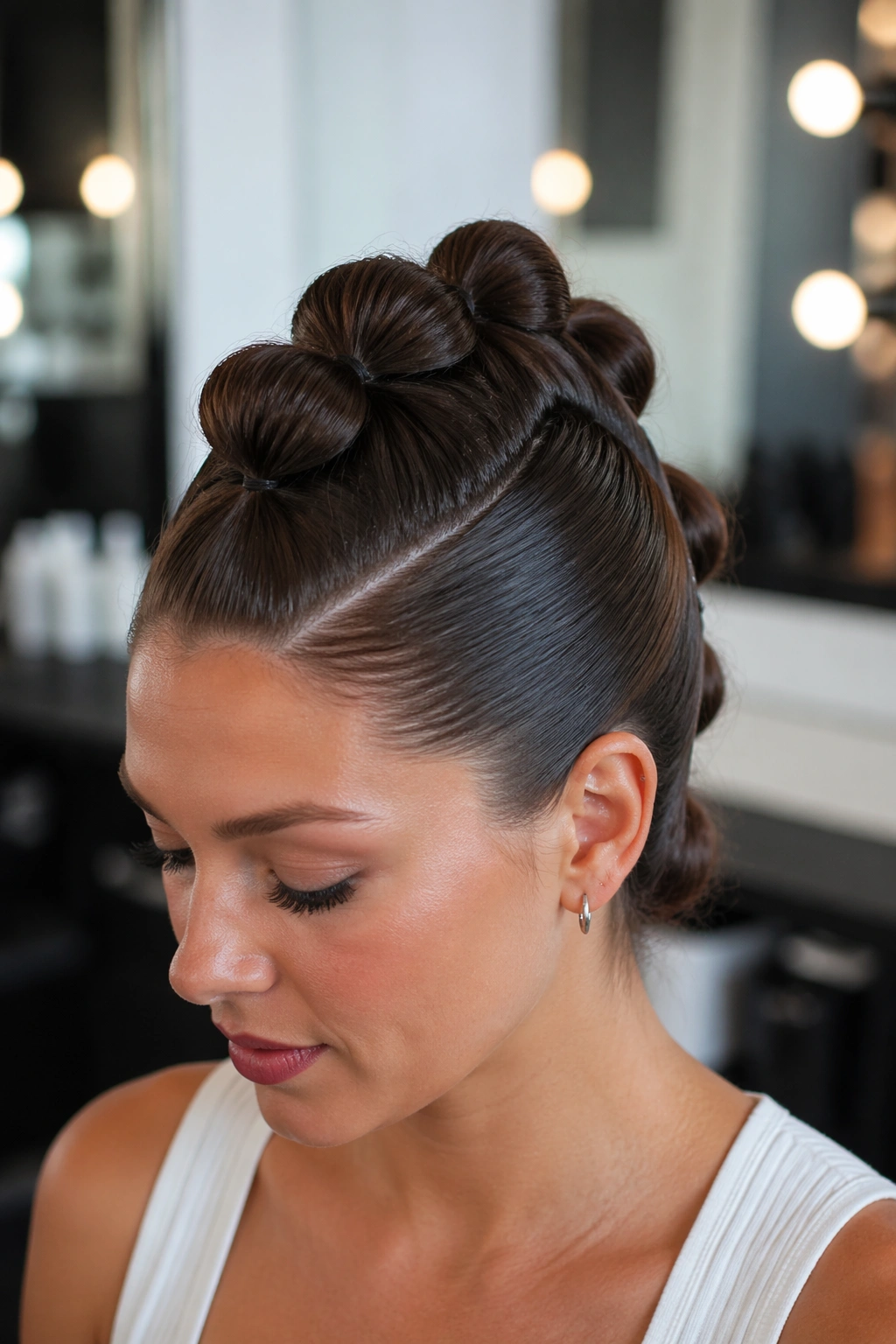 Portrait of a real person with a faux-hawk bubble ponytail in a salon