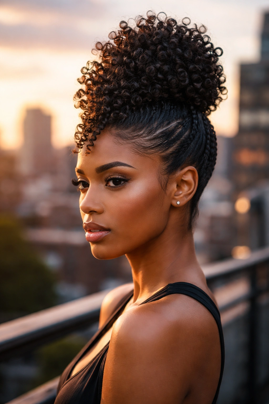 Real woman with center ridge faux hawk bun and slicked sides.