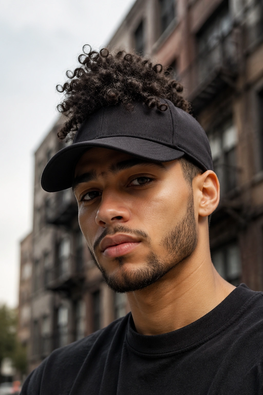Close-up portrait of a real person wearing a cap with a faux hawk hairstyle.