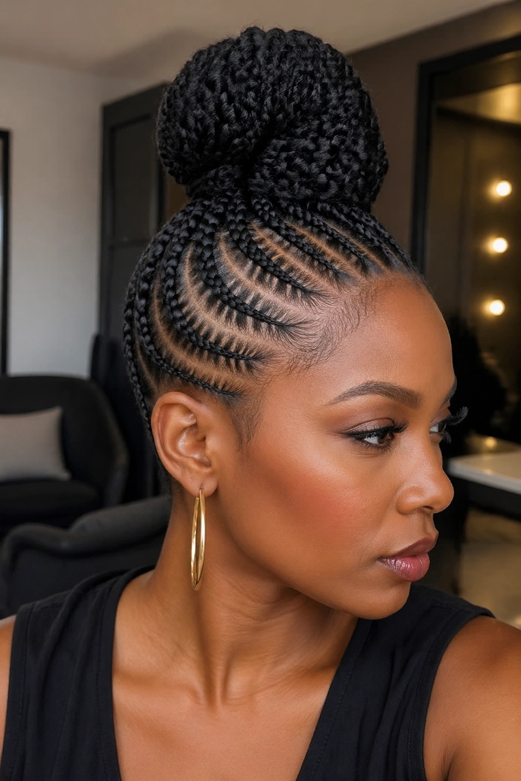 Close-up of a real person with a faux hawk cornrow bun silhouette