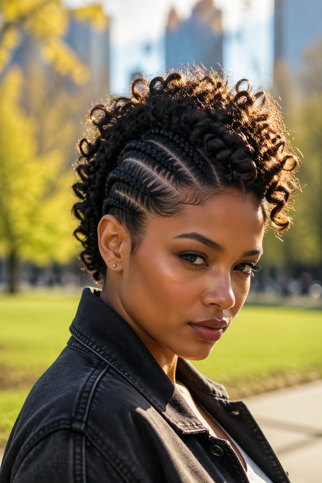 Faux hawk braid with curly sides in golden-hour park light.