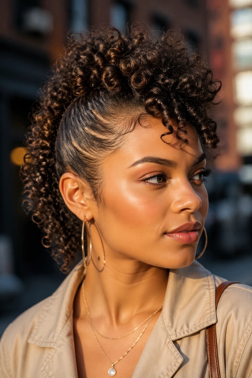 Portrait of a real woman with a curly faux hawk half-up hairstyle.
