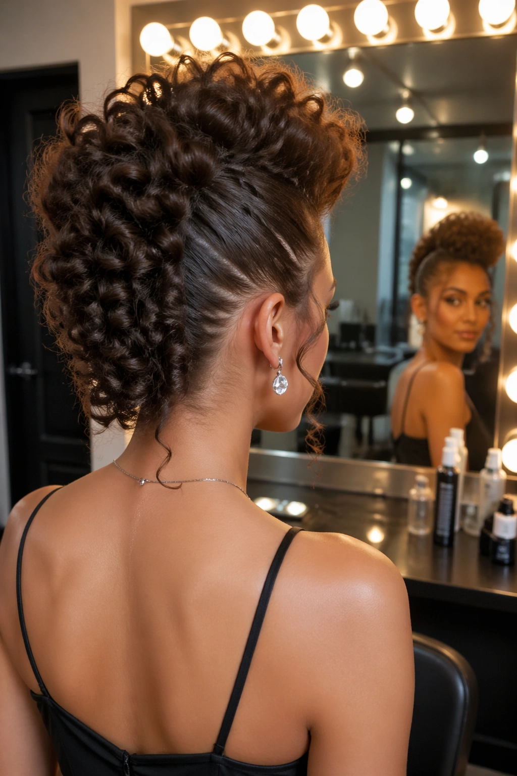 Curly faux hawk with hidden pins seen in mirror.