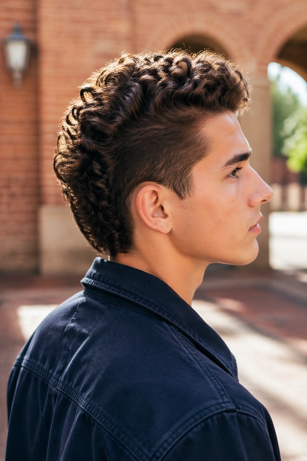 Side profile of curls in a faux hawk outdoors
