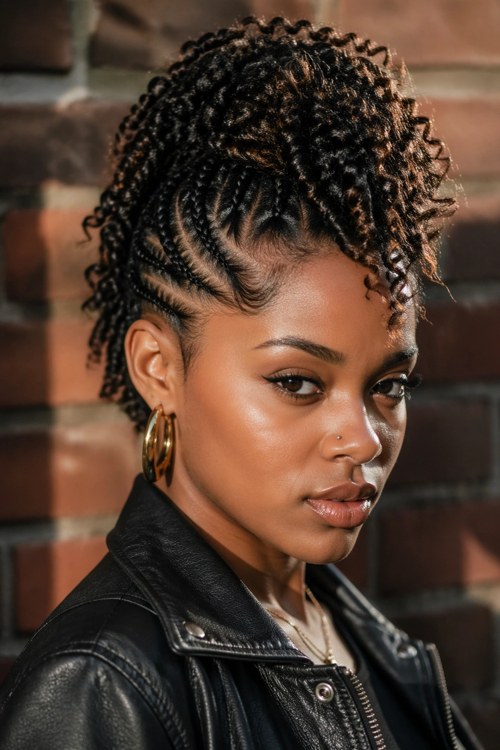 Real person with faux hawk curly box braids featuring a raised center and braided sides.