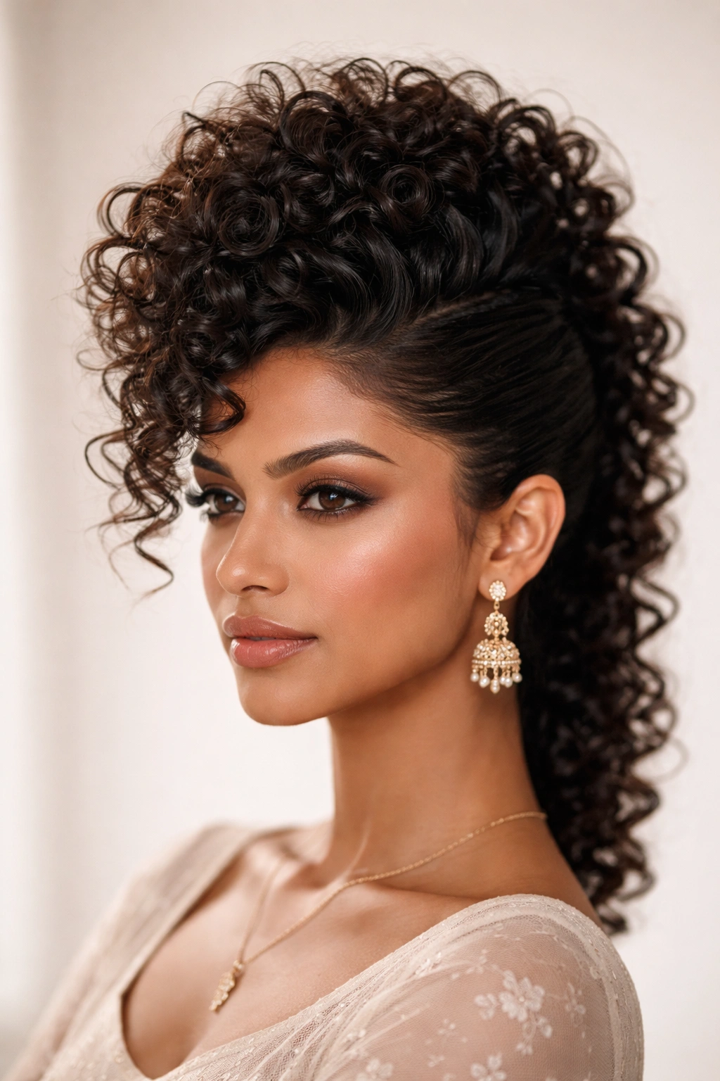 Center faux hawk on curly hair with pinned sides