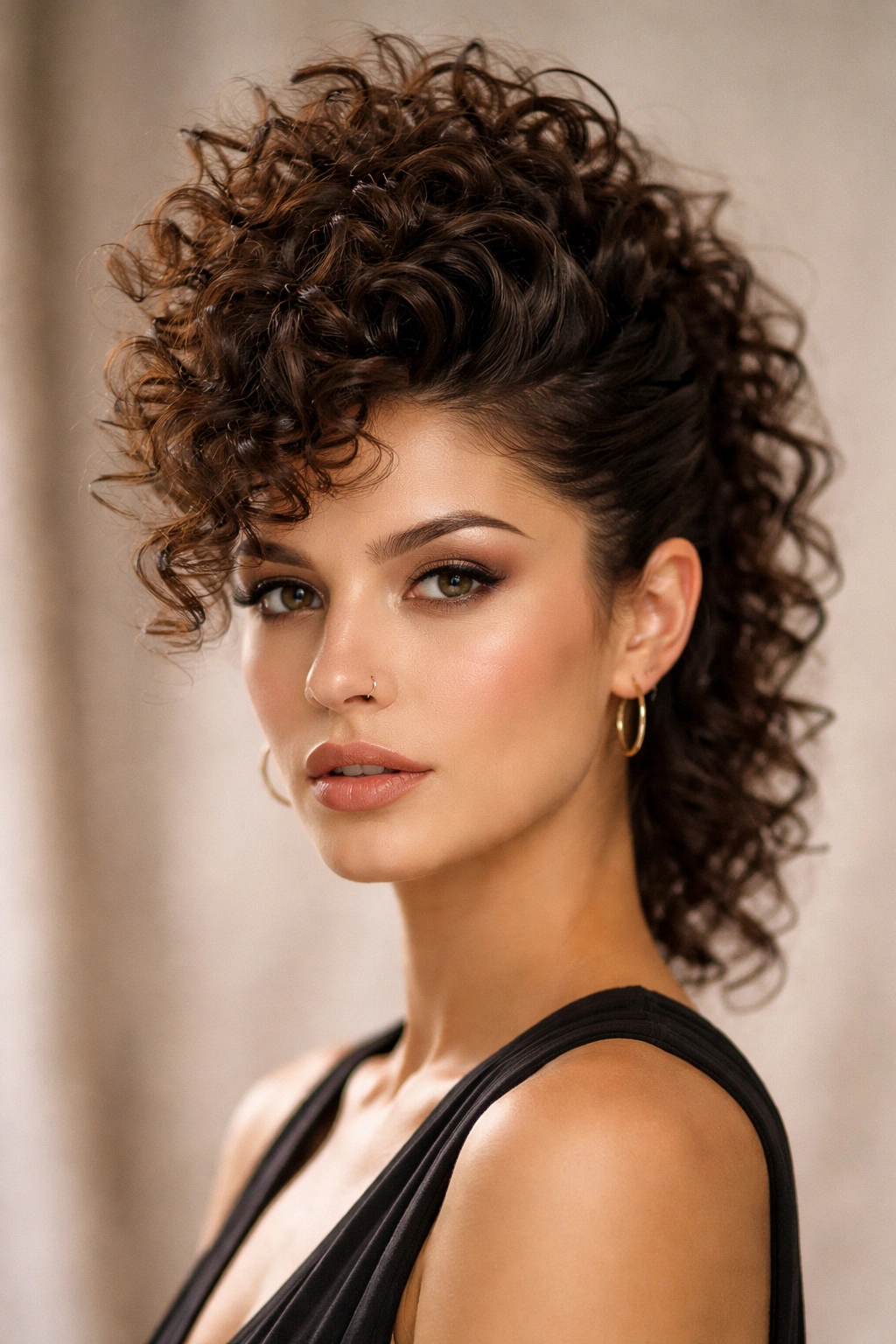 Close-up of a person with a defined faux hawk on curly hair, sides pinned away and center ridge lifted.