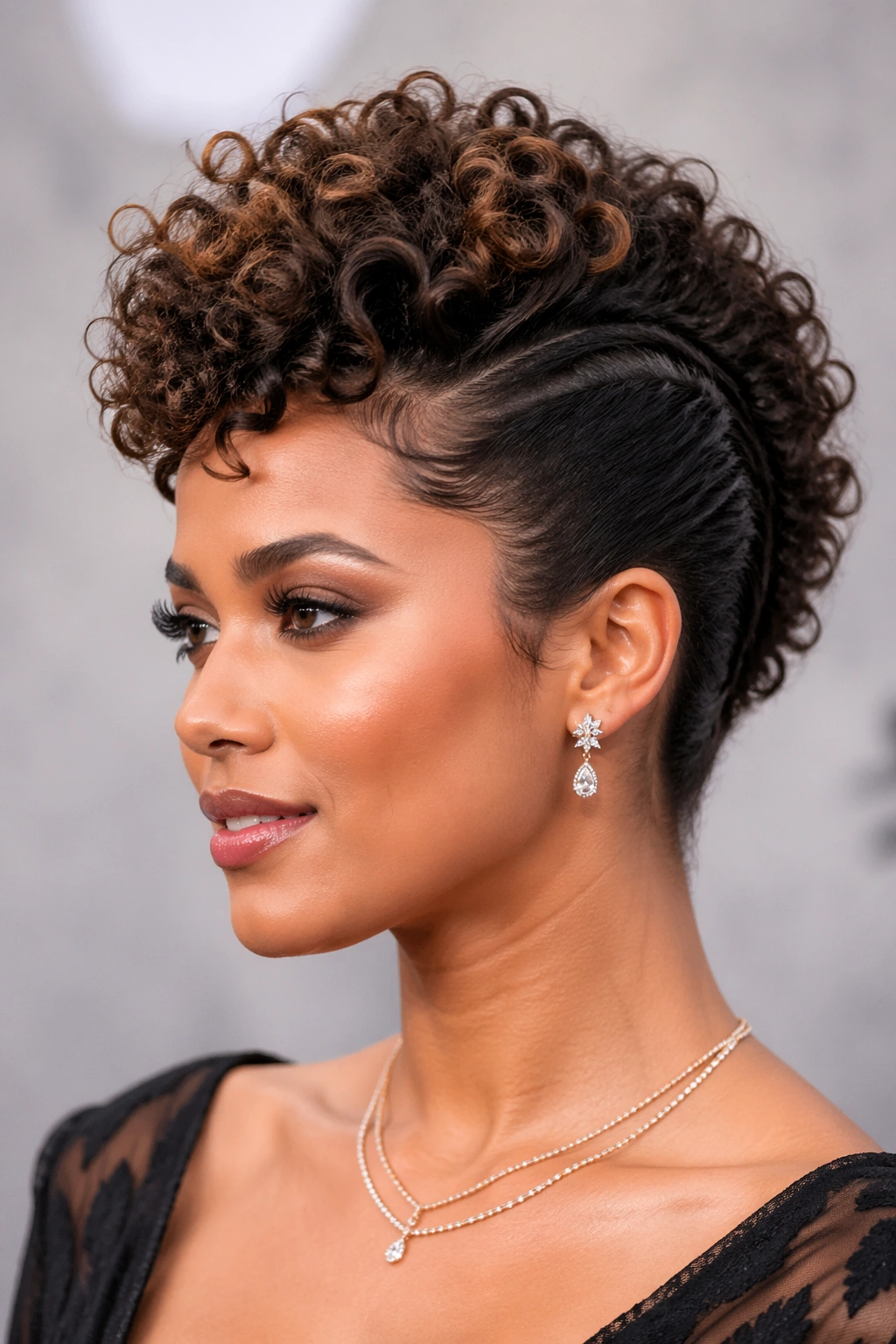 Curly faux hawk with tapered sides and high center curl.