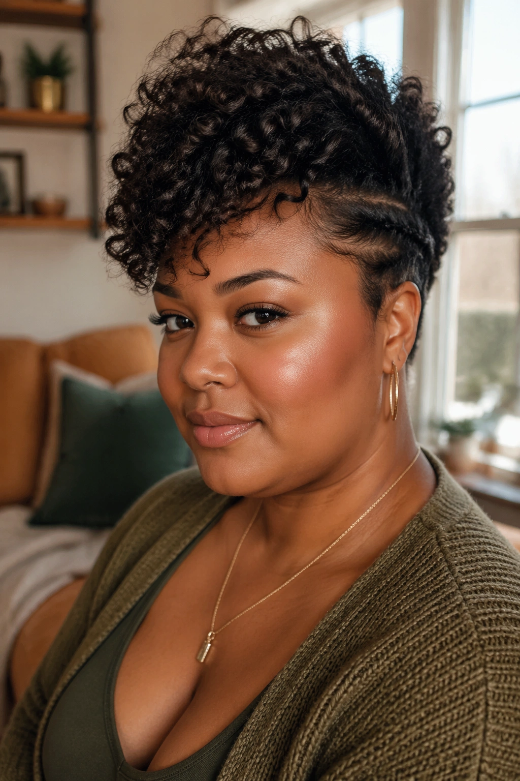 Close-up portrait of a real woman with a side-swept curly faux hawk hairstyle in a sunlit living room
