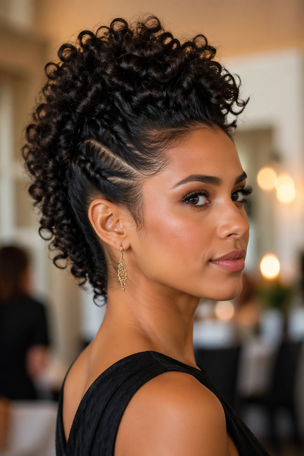 Close-up of a woman with a curly faux hawk updo and lifted crown