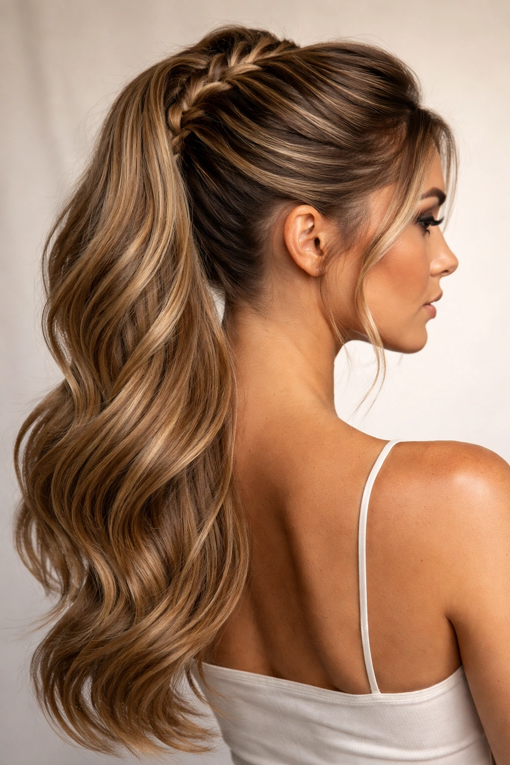 Faux-hawk double weave ponytail with central ridge and angled weave