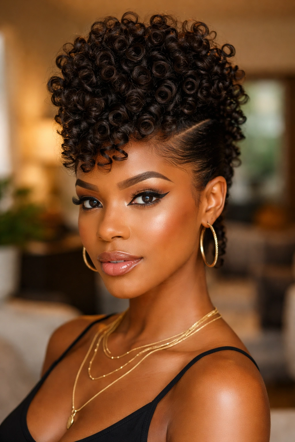 Portrait of a woman with a bold faux hawk created by flexi rods and pinned sides.