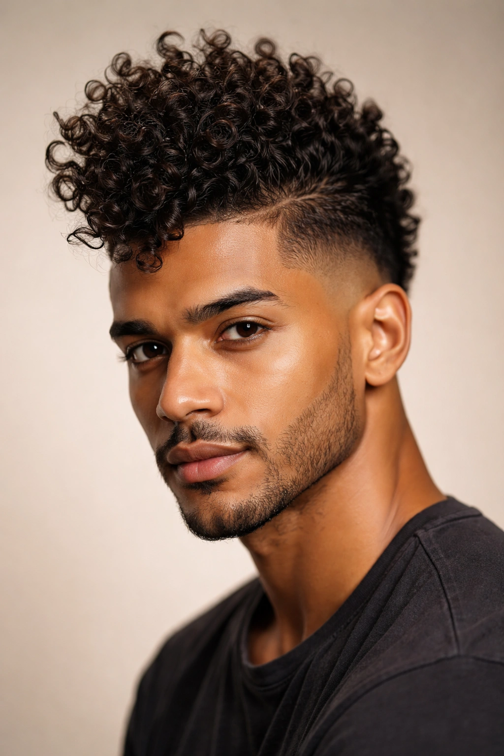 Faux hawk with gel-defined sides on curly hairstyle with voluminous center