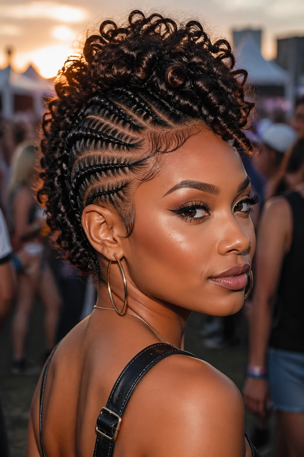 Portrait of a real woman with a center faux hawk and braided sides.