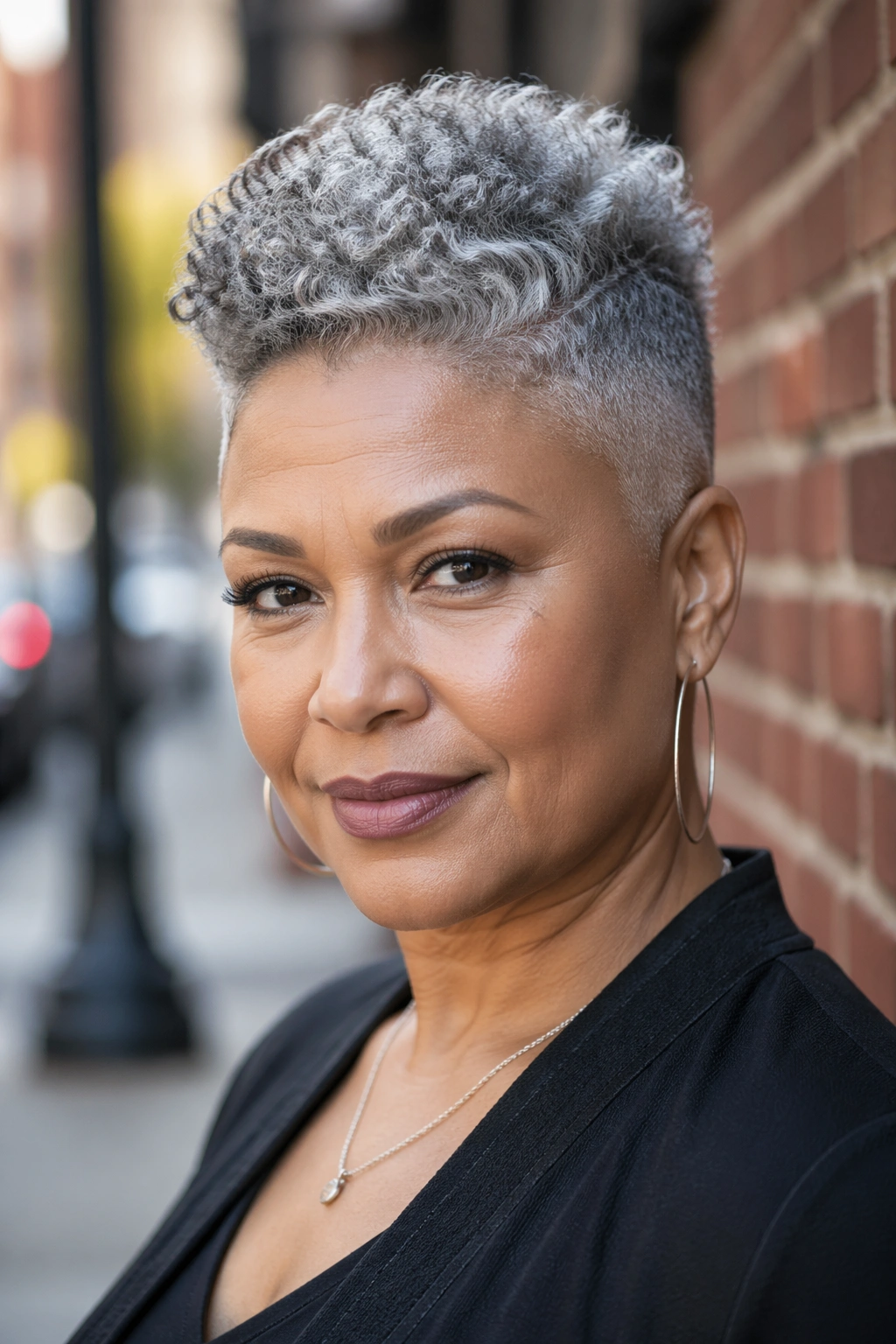 Real woman with centre grey curly faux hawk and faded sides
