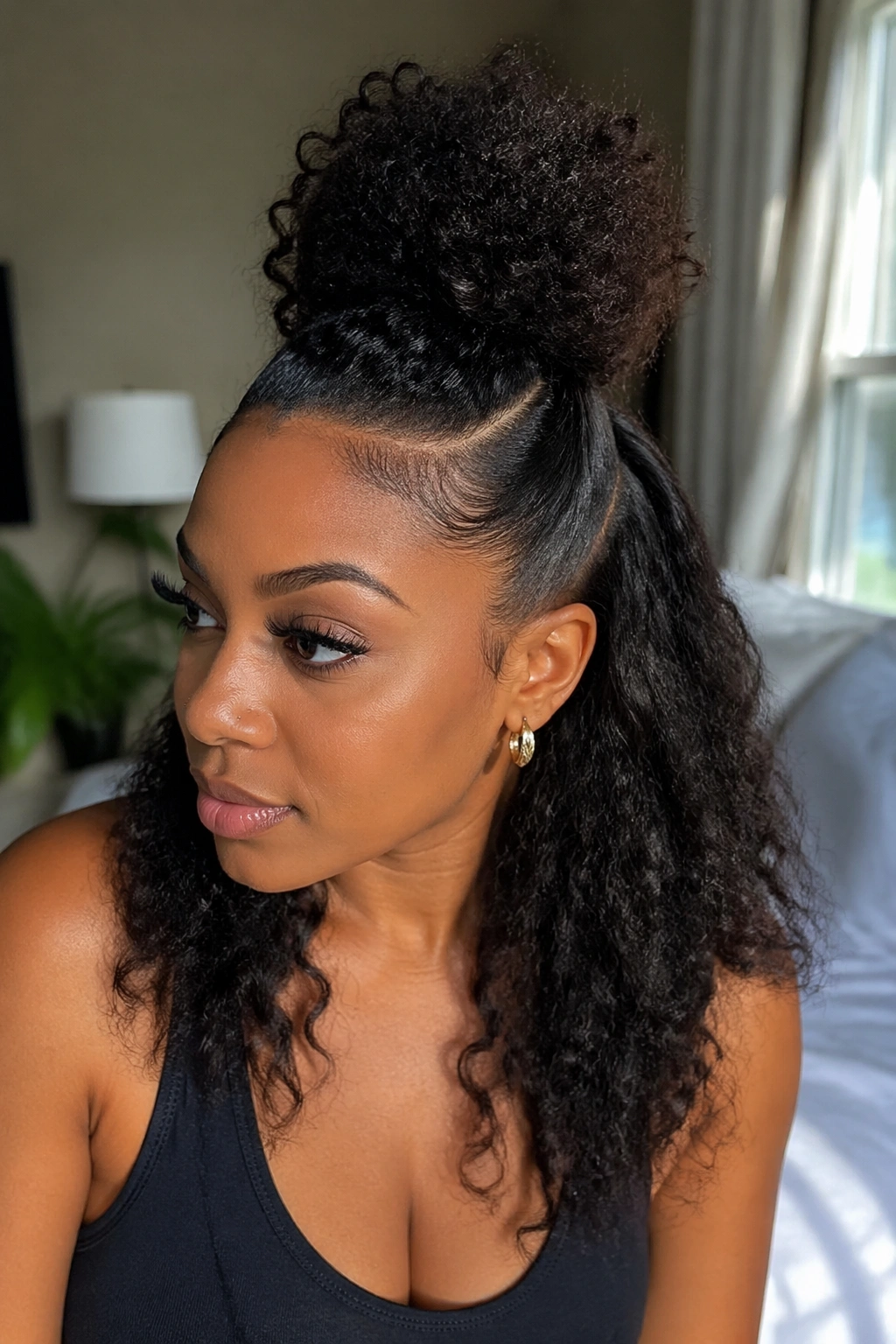 Close-up of a real Black woman with a faux hawk half bun and soft, loose sides