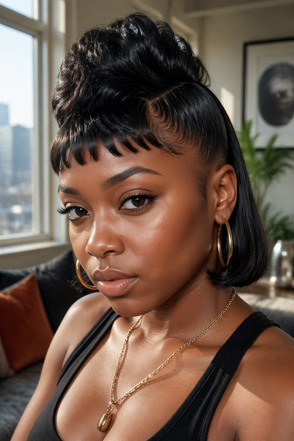 Close-up portrait of a real Black woman with faux hawk half-up and micro bangs in warm daylight.