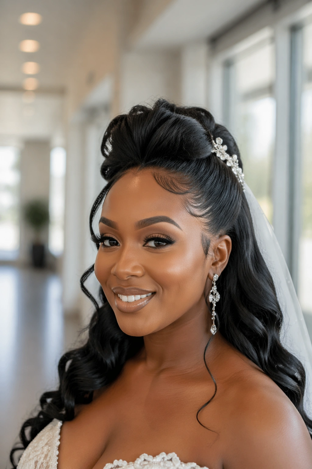 Close-up of a real bride with a faux hawk half-up hairstyle