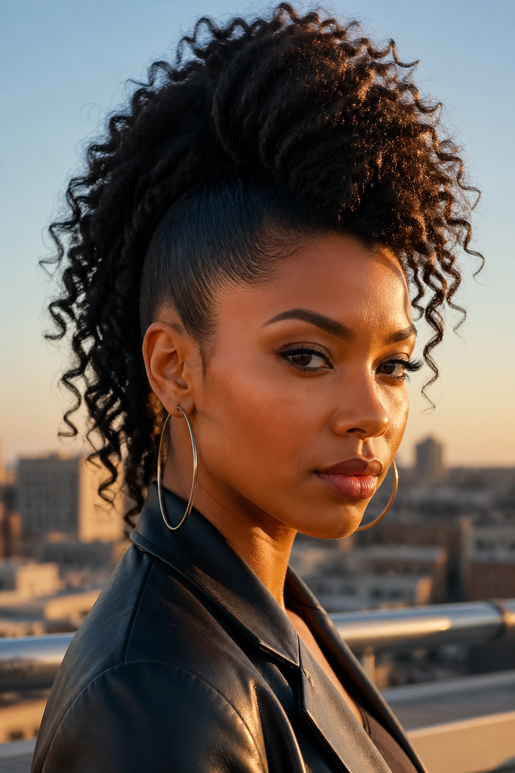 Portrait of a real person with a faux hawk high ponytail on a city rooftop