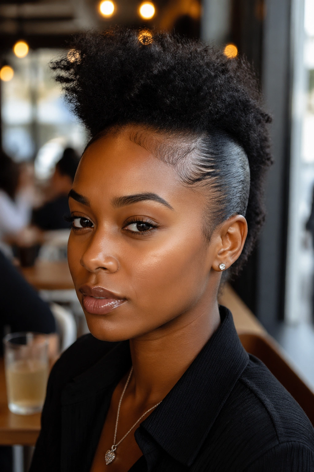 Close-up of a woman with a sharp faux hawk and flat-laid sides.