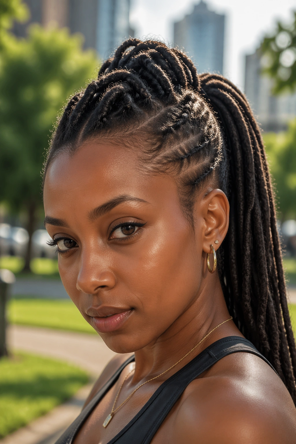 Portrait of a real person with a center ridge faux hawk ponytail