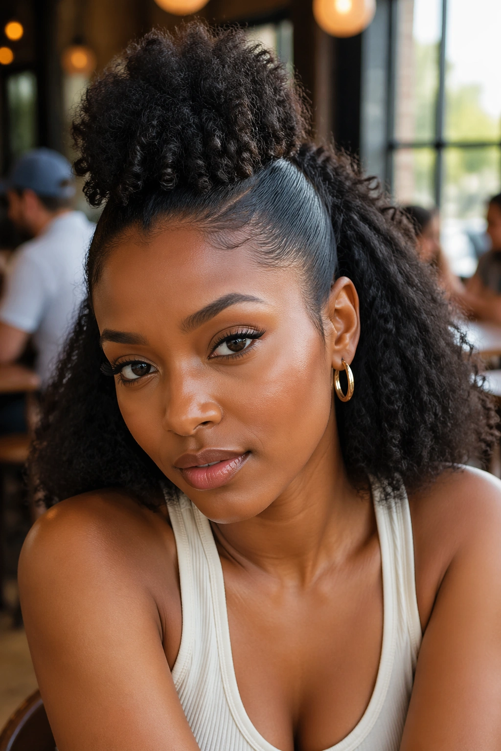 Faux Hawk Half Up Half Down Ponytail: close-up of a real Black woman with center raised strip and smooth sides.