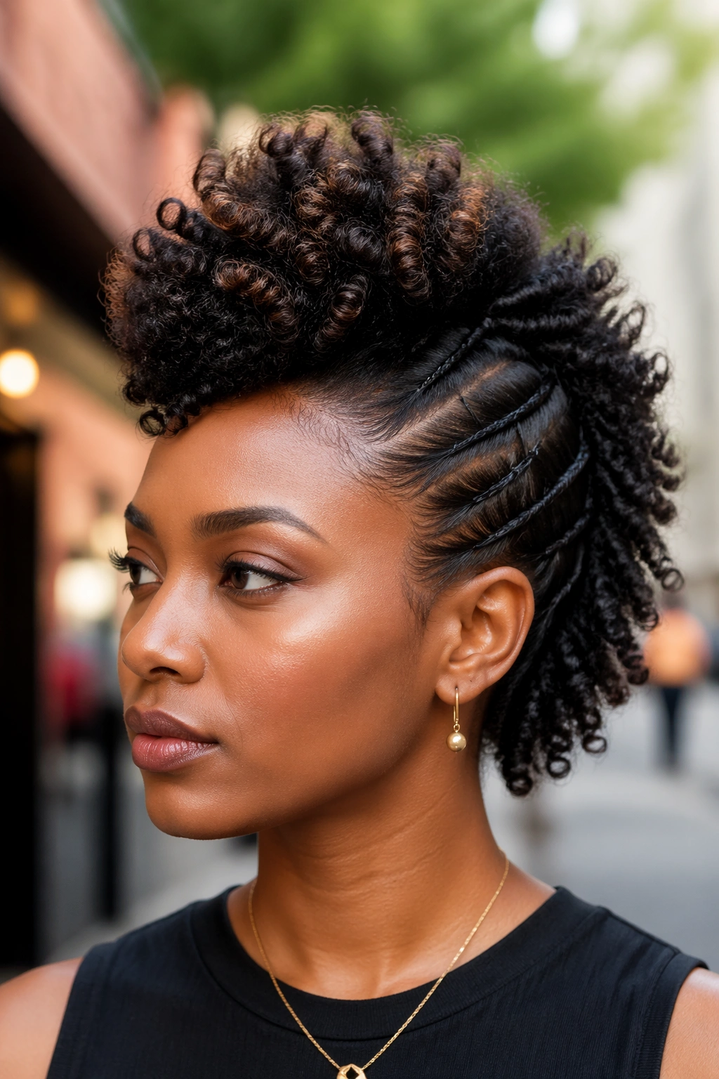 Close-up of a real woman wearing Faux Hawk With Pinned Sides hairstyle