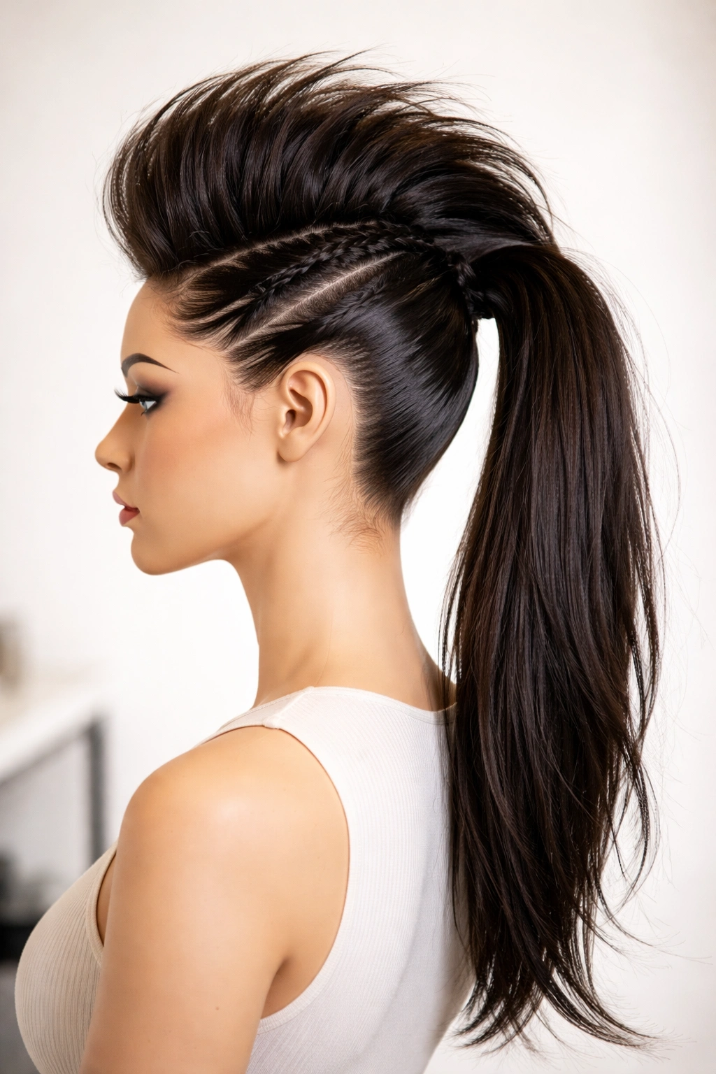 Three-quarter view of faux hawk ponytail on a mannequin head