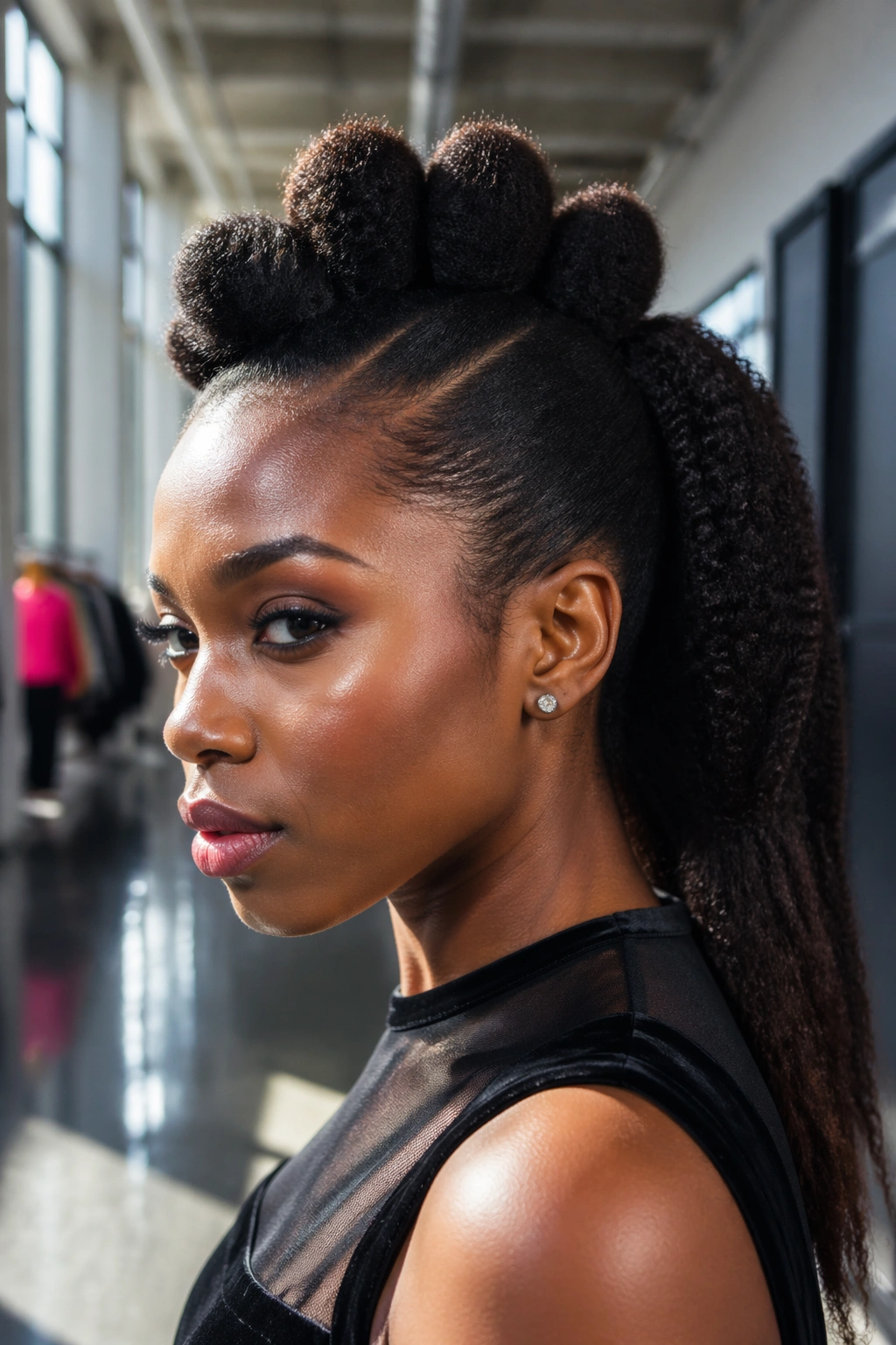 Close-up of a real person with a raised center faux hawk ponytail