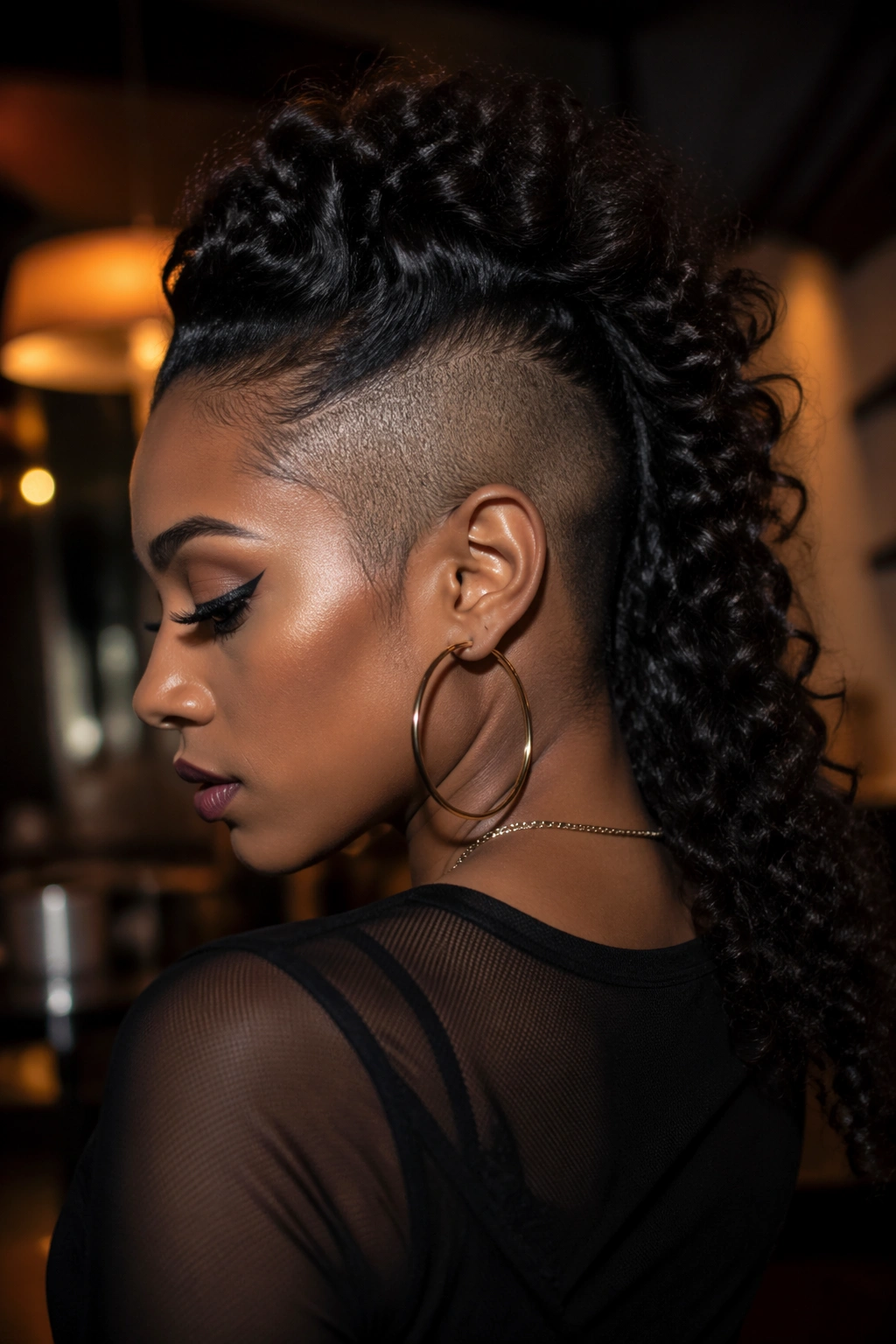 Close-up of a real woman showcasing a faux-hawk ponytail silhouette