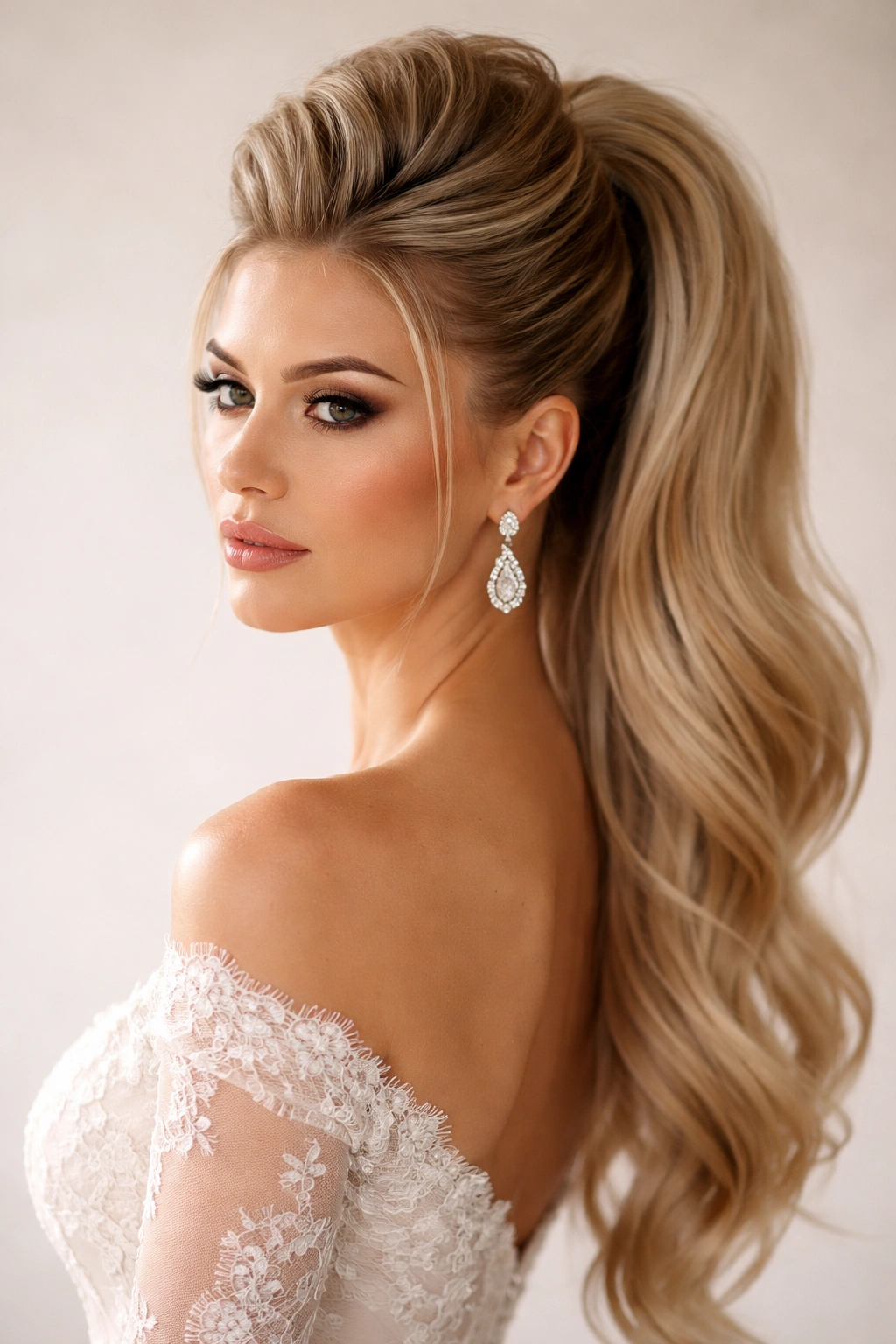 Close-up of a bridal Faux-Hawk Voluminous Ponytail with tight sides and a high center ponytail