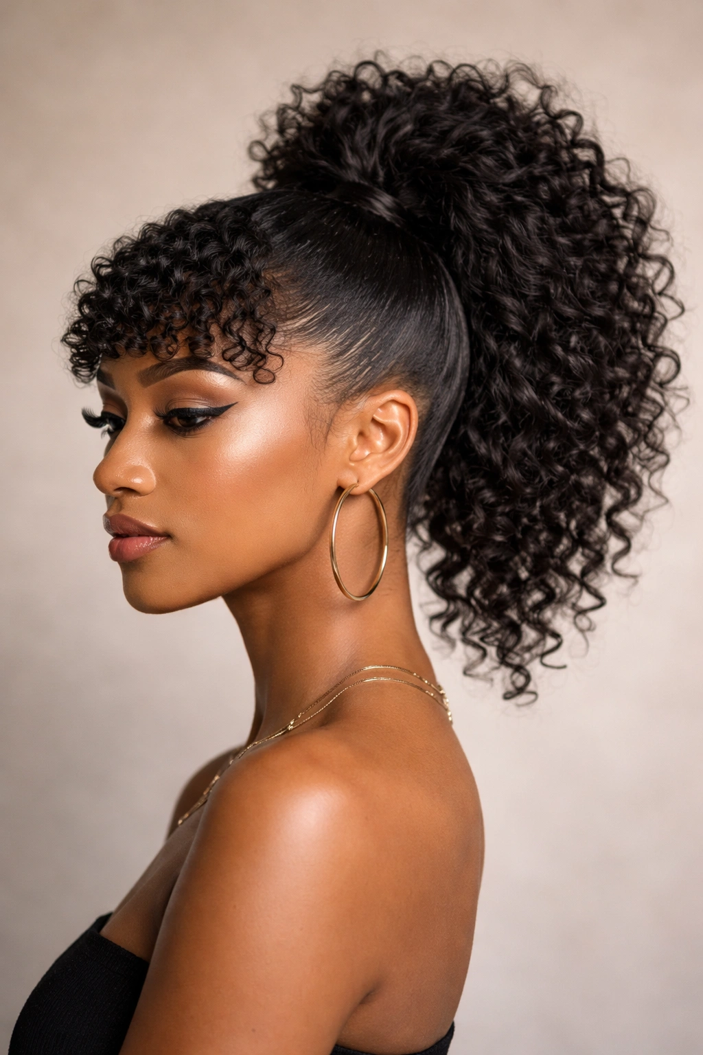 Faux-hawk ponytail with short coily bangs in studio lighting