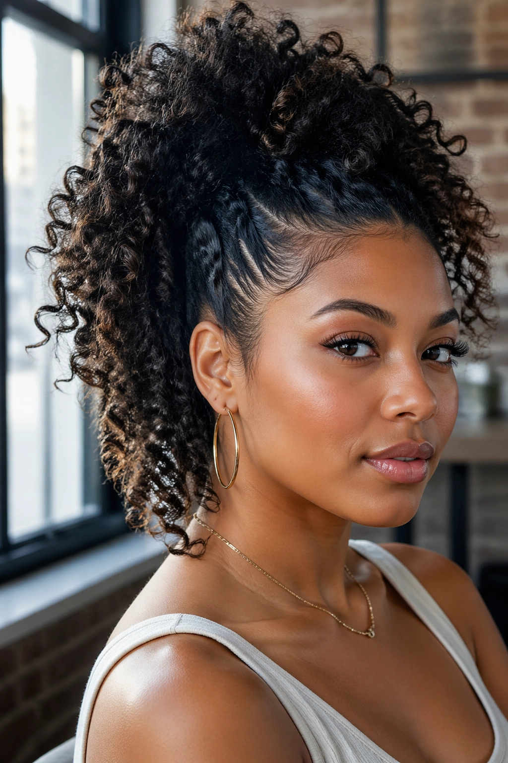 Close-up of a real woman with faux-hawk ponytail on curly hair