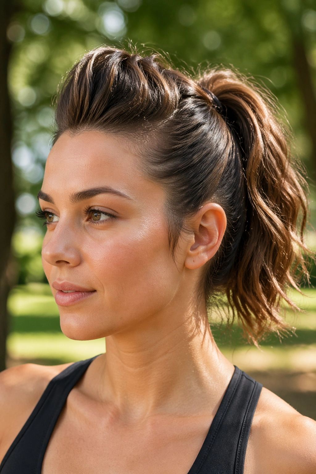 Close-up of a real person with a faux-hawk ponytail in a park