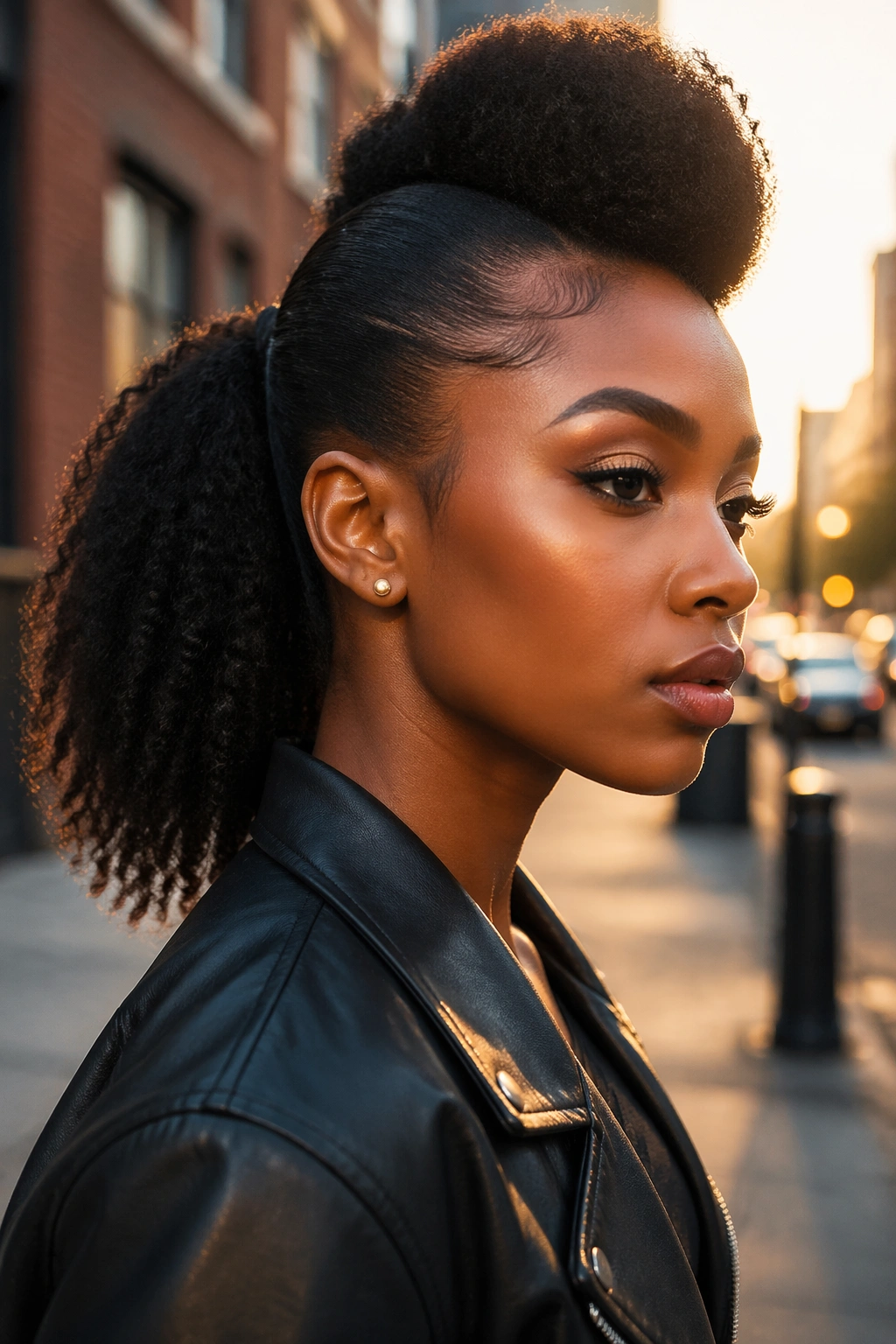 Portrait of a real woman with a raised-center faux hawk ponytail