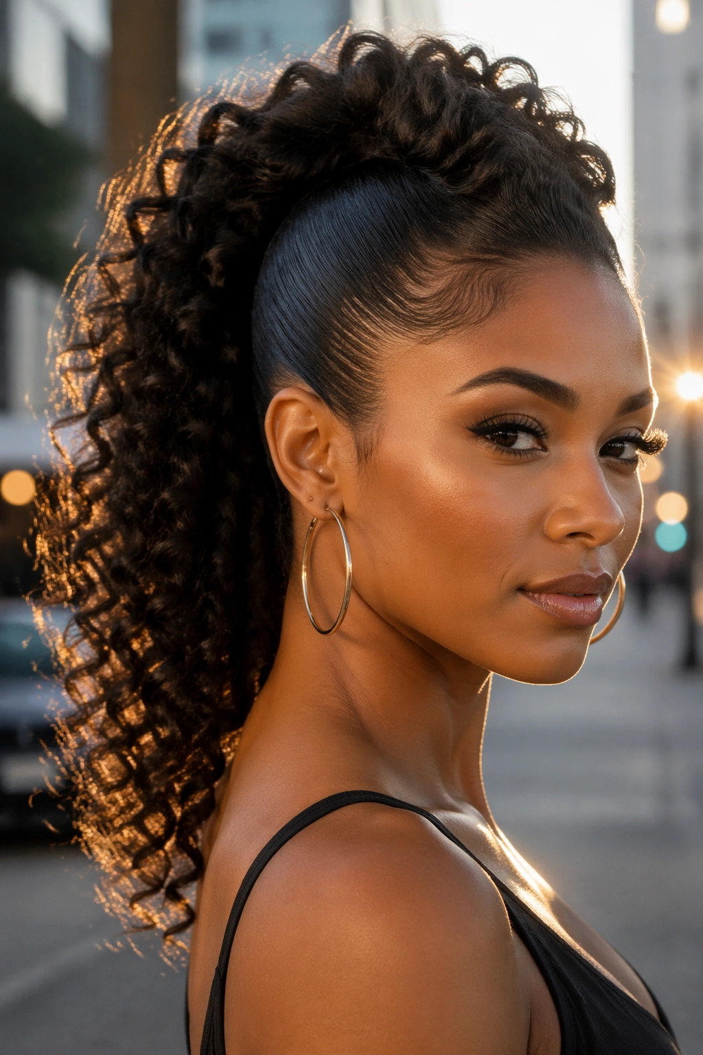 Close-up of a real woman with a faux hawk ponytail, bold hairstyle