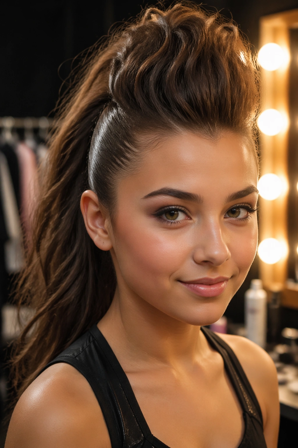 Close-up of a teen girl with a faux-hawk ponytail and slick sides in backstage lighting