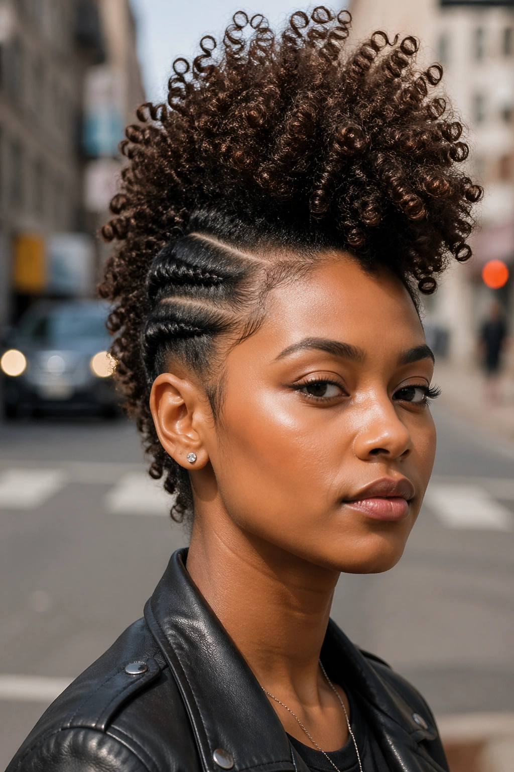 Close-up portrait of a real person with a bold faux hawk and lifted center ridge.
