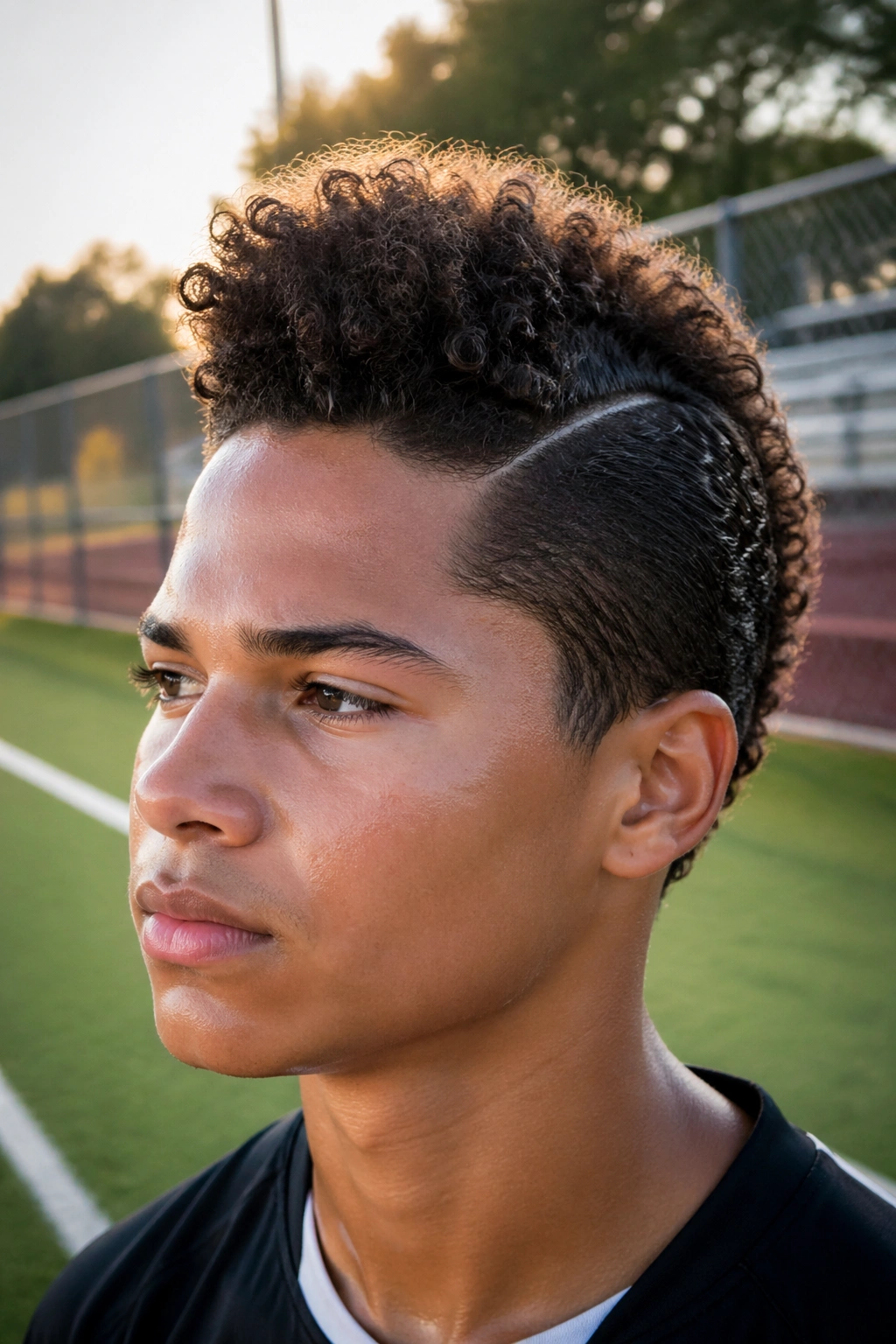 Real person with faux hawk puff hairstyle at a soccer field