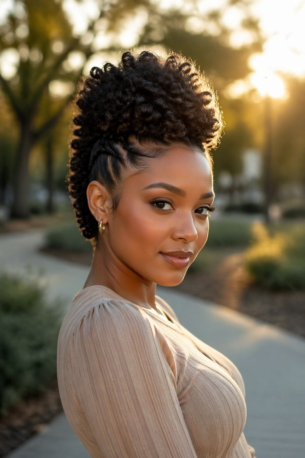 Hero golden-hour faux hawk updo in park