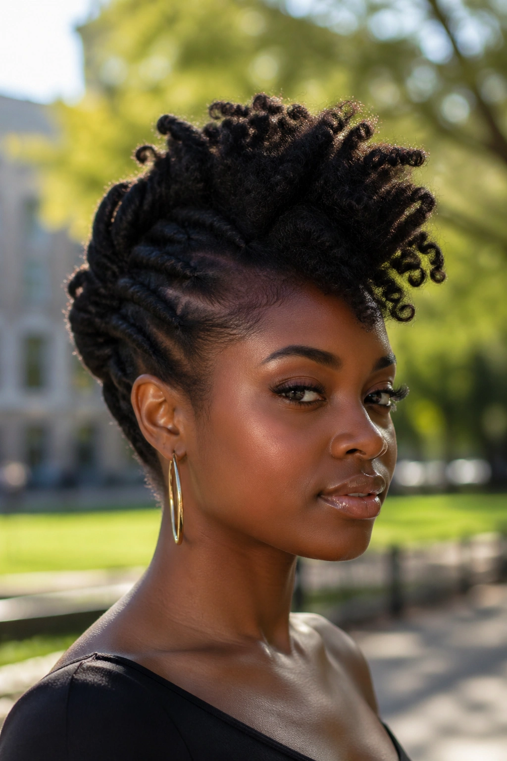 Close-up of a real Black woman with a faux hawk updo in natural light