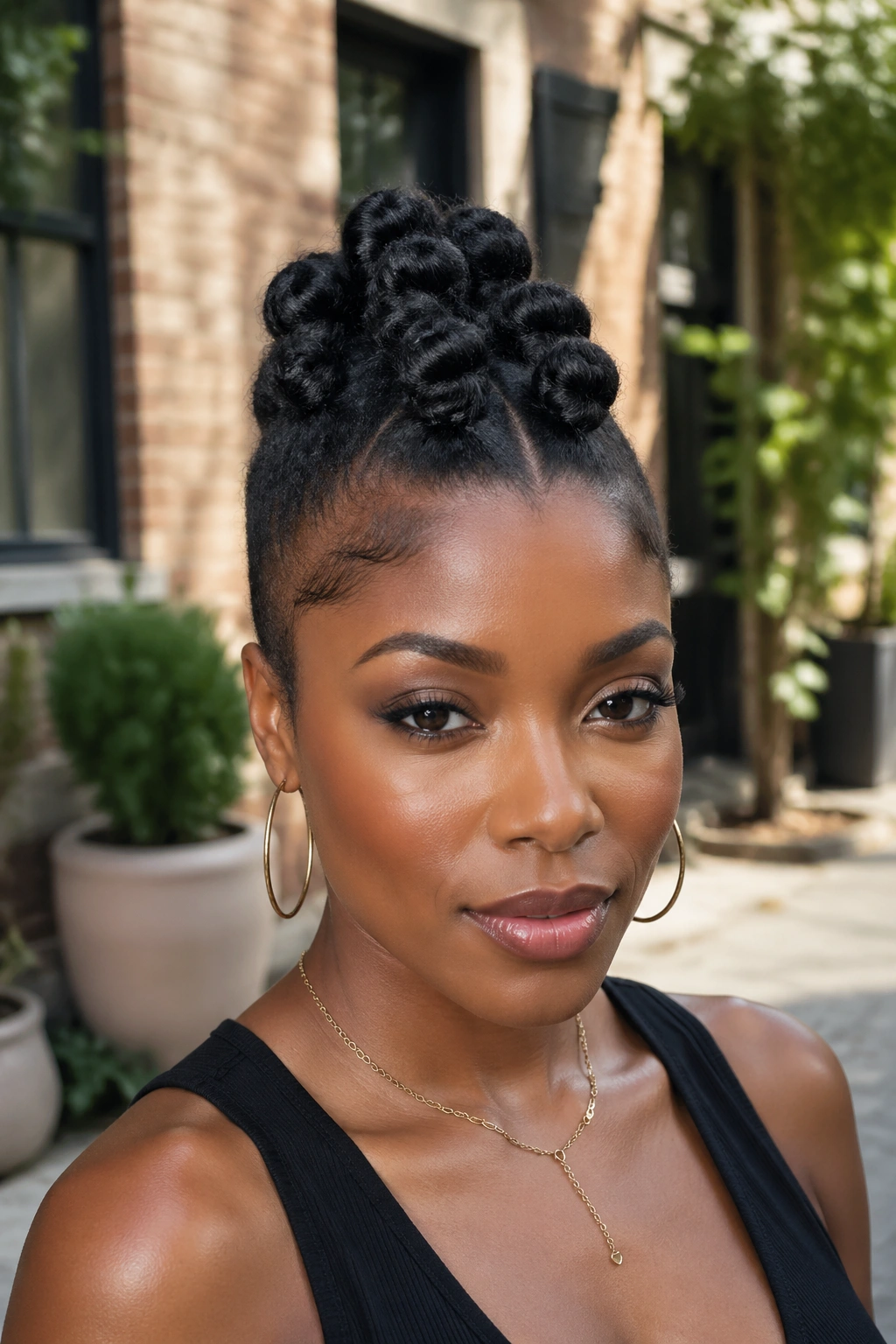Front portrait of real woman with faux hawk style featuring central hair strip