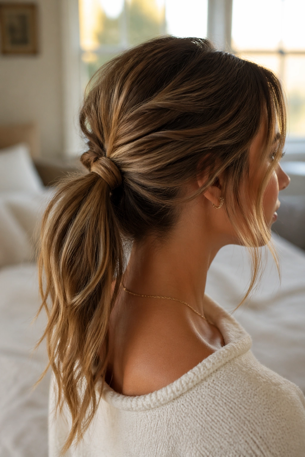 Close-up portrait of a real woman with a loose faux knot mid ponytail in warm natural light