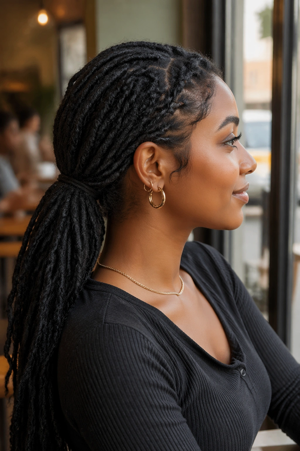 Close-up of a real woman with dense faux locs in a low ponytail